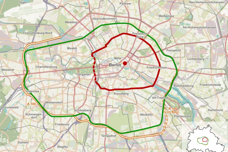Map of Berlin with ring roads in green and red.